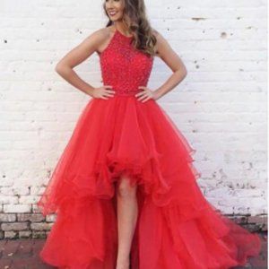 Ball-Gown Organza Formal Dresses Beading Halter Sleeveless Asymmetrical